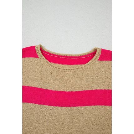 Pink Stripe Colorblock Short Sleeve Crew Neck Lightweight Sweater