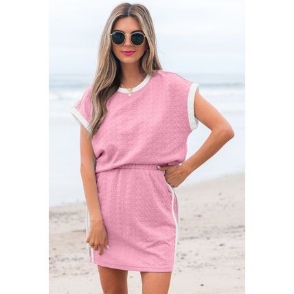 Pink Contrast Trim Textured Crewneck Tee and Pocketed Skirt Set