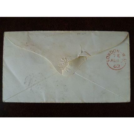 1863 GB Queen Victoria 1d red Cover sideways Duplex Wells 864 London backstamp