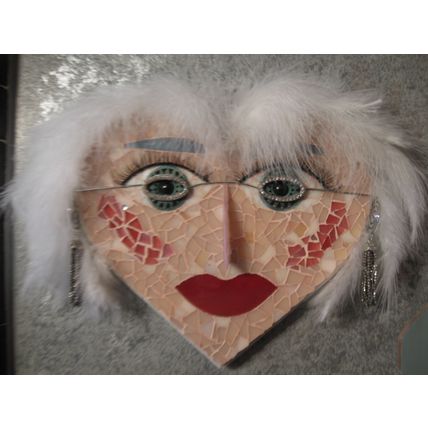 Glitzy FEMALE FACE Wood Base Glass Sculpture Mosaic Hanging Wall Decoration OOAK