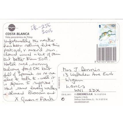 Poplop Costa Blanca Spain Postcard posted 2015 crease