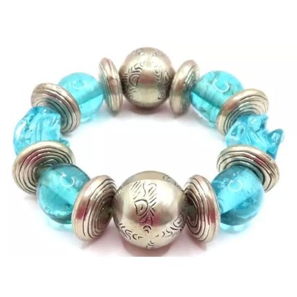 Blue Glass & Metal Spacer Bracelet Stretch Christmas Gift Jewellery Ladies