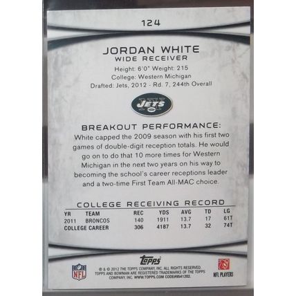 2012 Topps Bowman JORDAN WHITE (Jets) Rookie Card #124
