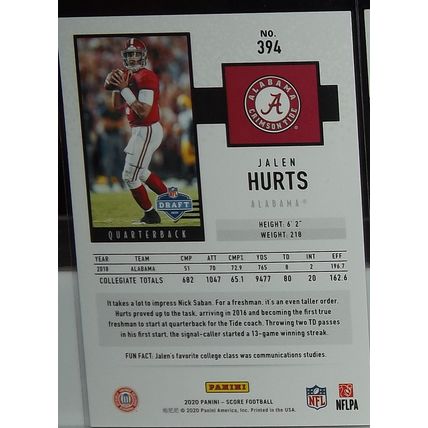 2020 Panini Score JALEN HURTS (Alabama/Eagles) Rookie Card #394