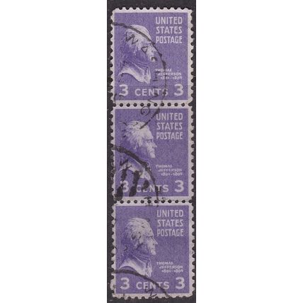 United States Postmark Washington DC Thomas Jefferson 3c strip of 3 VGC