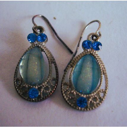 Vintage Earrings Blue Striped Teardrop Stone & Crystals Bezel Pierced Drops