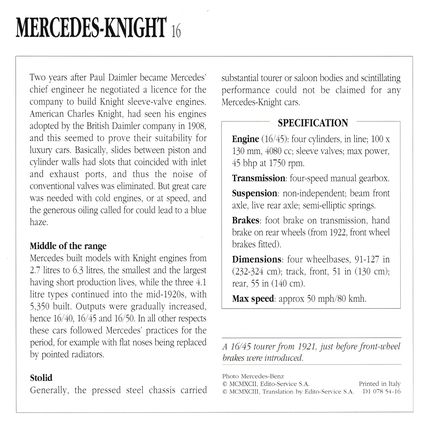 Collectors Club card. Classic Cars. Mercedes-Knight 16