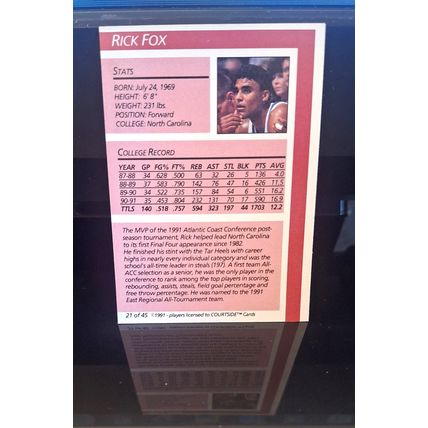 RICK FOX 1991 COURTSIDE DRAFT PIX ROOKIE BASKETBALL CARD #21/45