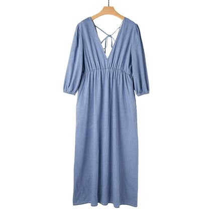 Myosotis Chambray Deep V Neck Bracelet Sleeve Maxi Dress