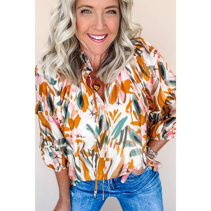 Yellow Abstract Print Drawstring Frilled V Neck 3/4 Sleeve Blouse