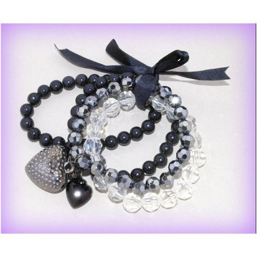 Summer Gift Ribbon Love Heart Black Clear Bead Set 4 Bracelets Jewellery 1258