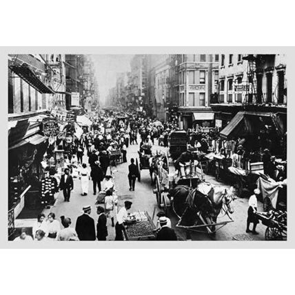 People, Peddlers, and Horse-Drawn Carriages on a Lower East Side Street 12 x 18