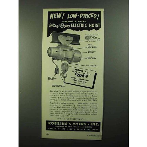 1950 Robbins & Myers Wire Rope Electric Hoist J-1 Ad