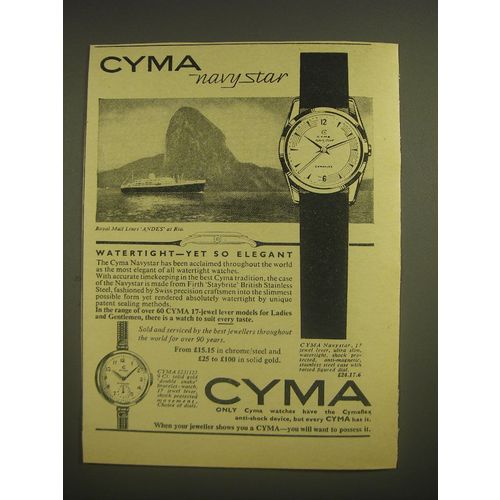 1958 Cyma Navystar Watch Ad - Cyma Navystar Royal Mail Lines Andes at Rio