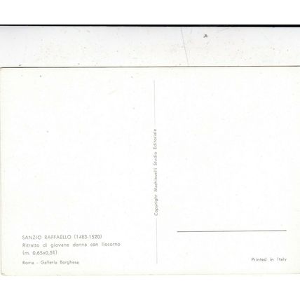 Raffaello Ritratto Di Giovane donna con liocorno Postcard unused VGC