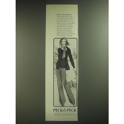 1974 Peck & Peck Cardigan, Belted Tank, Blouse and Pants Ad - Down-to-earth