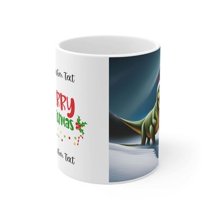 Personalized Dinosaur Raptor Rocks Christmas Santa Red Hat Ceramic Mug 11oz Desi