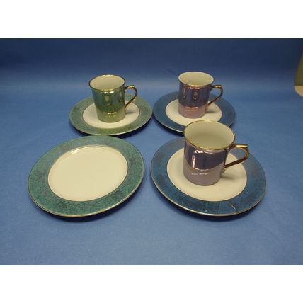3 Pottery Barn Mugs Cups 4 Bread Plates Porcelain Hiraki Iridescent Purple Green