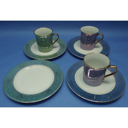 3 Pottery Barn Mugs Cups 4 Bread Plates Porcelain Hiraki Iridescent Purple Green