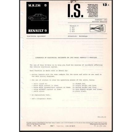 Renault 9 Diagnosis Of Electrical Incidents On 1982 Models 7711072284 PDF