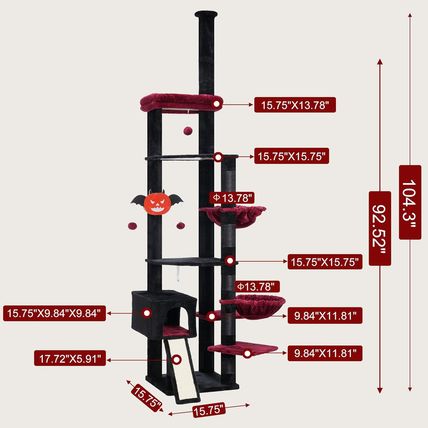 Hebly Cat Tree 92.5-104.3 Inches with Hammock, Floor to Ceiling Gothic Cat Condo
