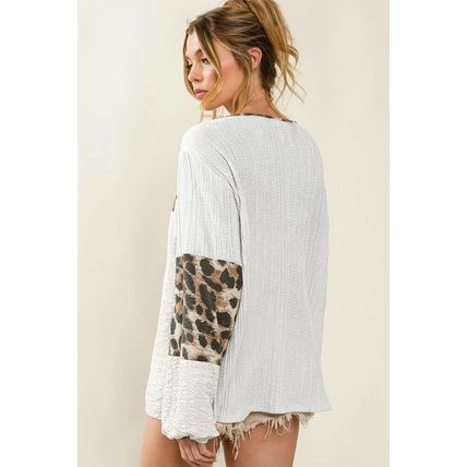White Leopard Patch Puff Sleeve Textured Blouse