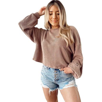 Khaki Cording Drop Shoulder Puff Sleeve Casual Blouse