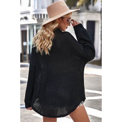 Black Waffle Knit Button Up Casual Shirt