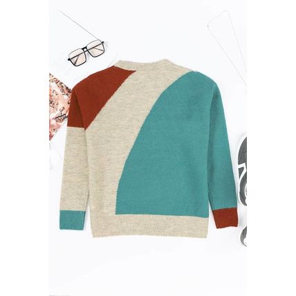 Multicolor Colorblock Ribbed Trim Round Neck Sweater