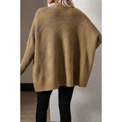 Camel Checkered Textured Batwing Sleeve Sweater