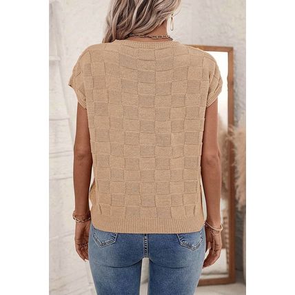 Smoke Gray Lattice Textured Knit Short Sleeve Sweater