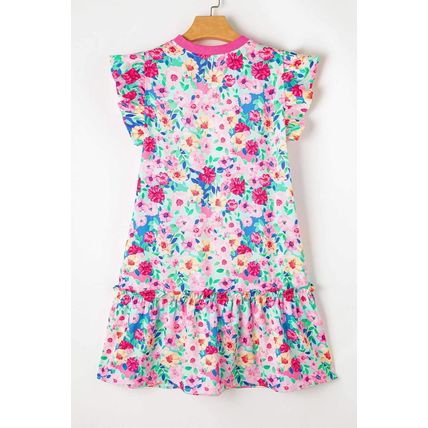 Multicolour Floral Print Flutter Sleeve Ruffled Mini Dress