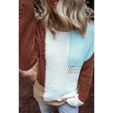 Khaki Mix Textured Knit Colorblock Patchwork Sweater
