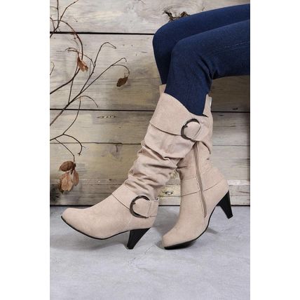 Beige Dual Buckle Strap Side Zip Heeled Mid Calf Boots