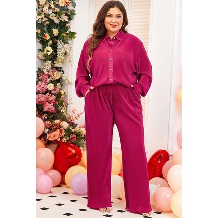Rose Red Plus Size Ribbed Long Sleeve Shirt and Pants Pajama Set