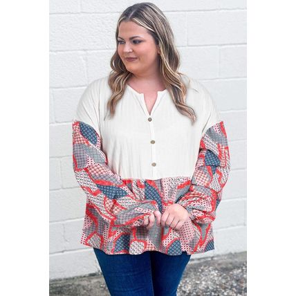 Apricot Plus Size Printed Patchwork Textured Buttoned Blouse