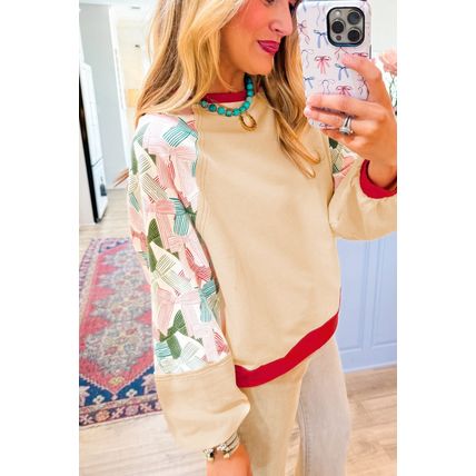 Beige Bowknot Printed Patchwork Raglan Sleeve Colorblock Edge Top