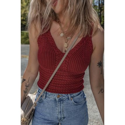 Burgundy Cable Knit Pointelle Slim Fit V Neck Sweater Vest