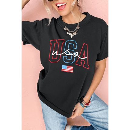 Black USA Letter American Flag Print Casual T Shirt