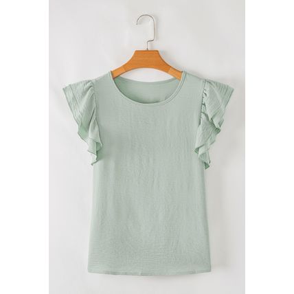 Clearly Aqua Solid Color Ruffled Short Sleeve Casual Blouse