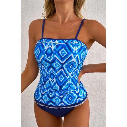 Navy Blue Abstract Print Frilled Trim Spaghetti Straps Tankini Set