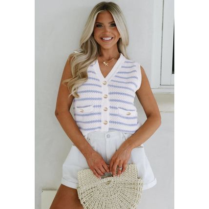 Sky Blue Stripe V Neck Gold Buttons Elegant Sweater Vest