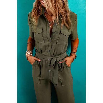 Moss Green Half Button Belted Utility Short Sleeve Jumpsuit