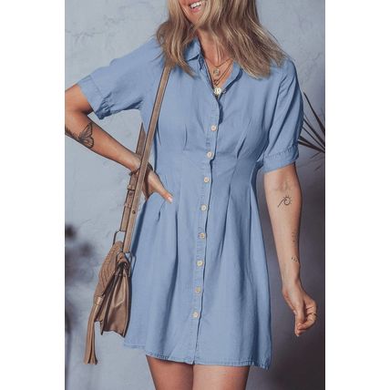 Myosotis Denim Pleated Slim Waist Short Sleeve Shirt Dress