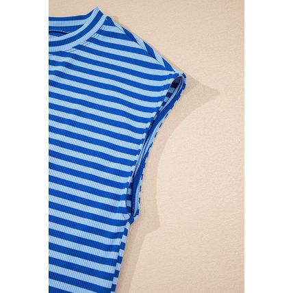 Sky Blue Stripe Ribbed Cap Sleeve Round Neck T Shirt