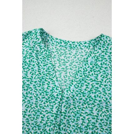 Green Notched V Neck Leopard Ruffle Short Sleeve Blouse