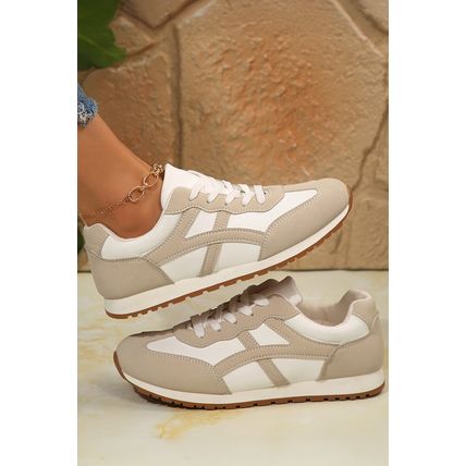 Oatmeal Color Block Lace-up PU Leather Sneakers