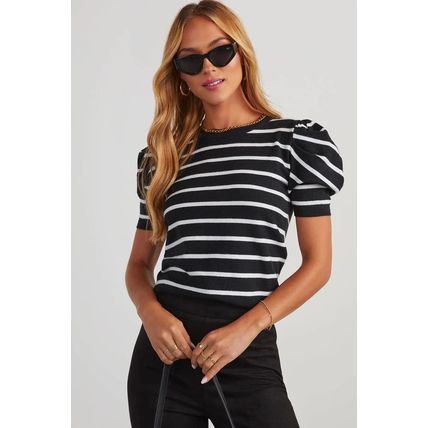 White Stripe Ribbed Trim Round Neck Bubble Sleeve Knitted Top