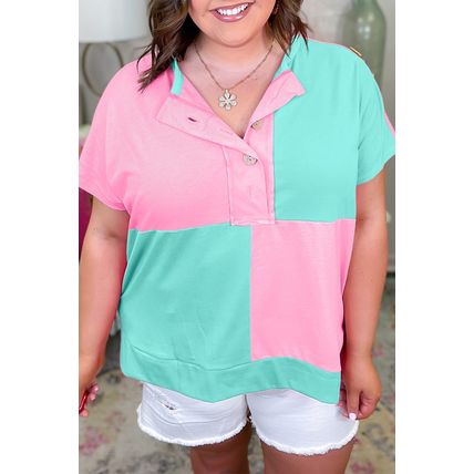 Mint Green Colorblock Patchwork Short Sleeve Buttons Plus Size Henley Top