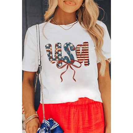White usa Bow Letter Graphic Independence Day Fashion Tee